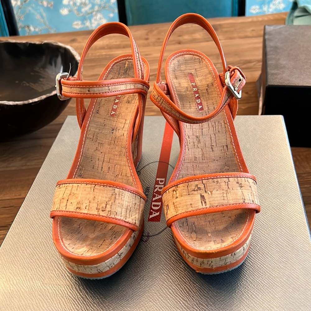 Prada orange and cork wedges